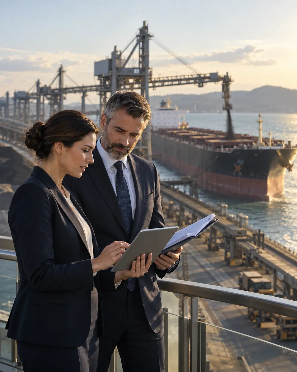 International commodity trade professionals coordinating a bulk shipment at port