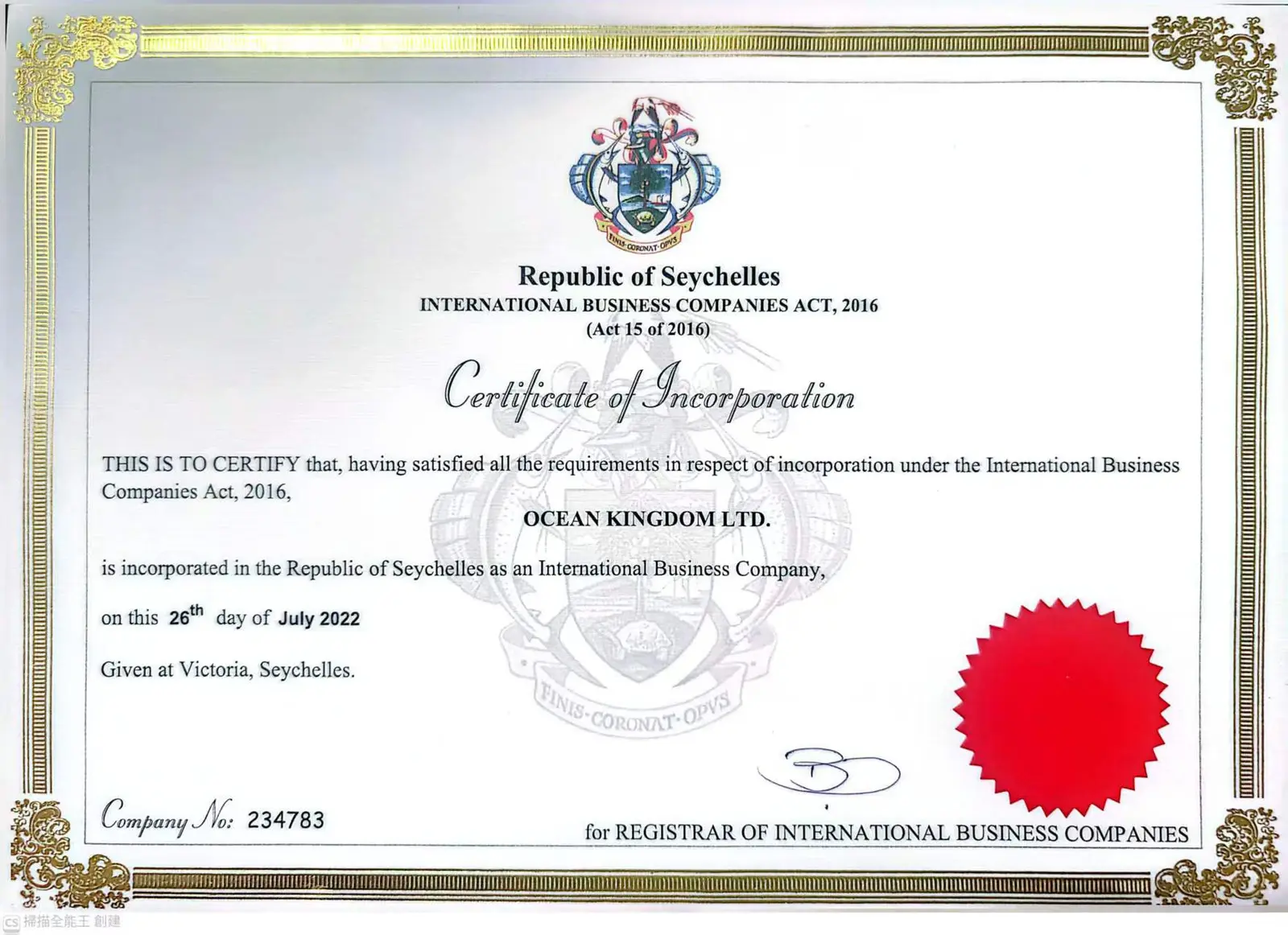 Ocean Kingdom Ltd. certificate of incorporation issued in the Republic of Seychelles