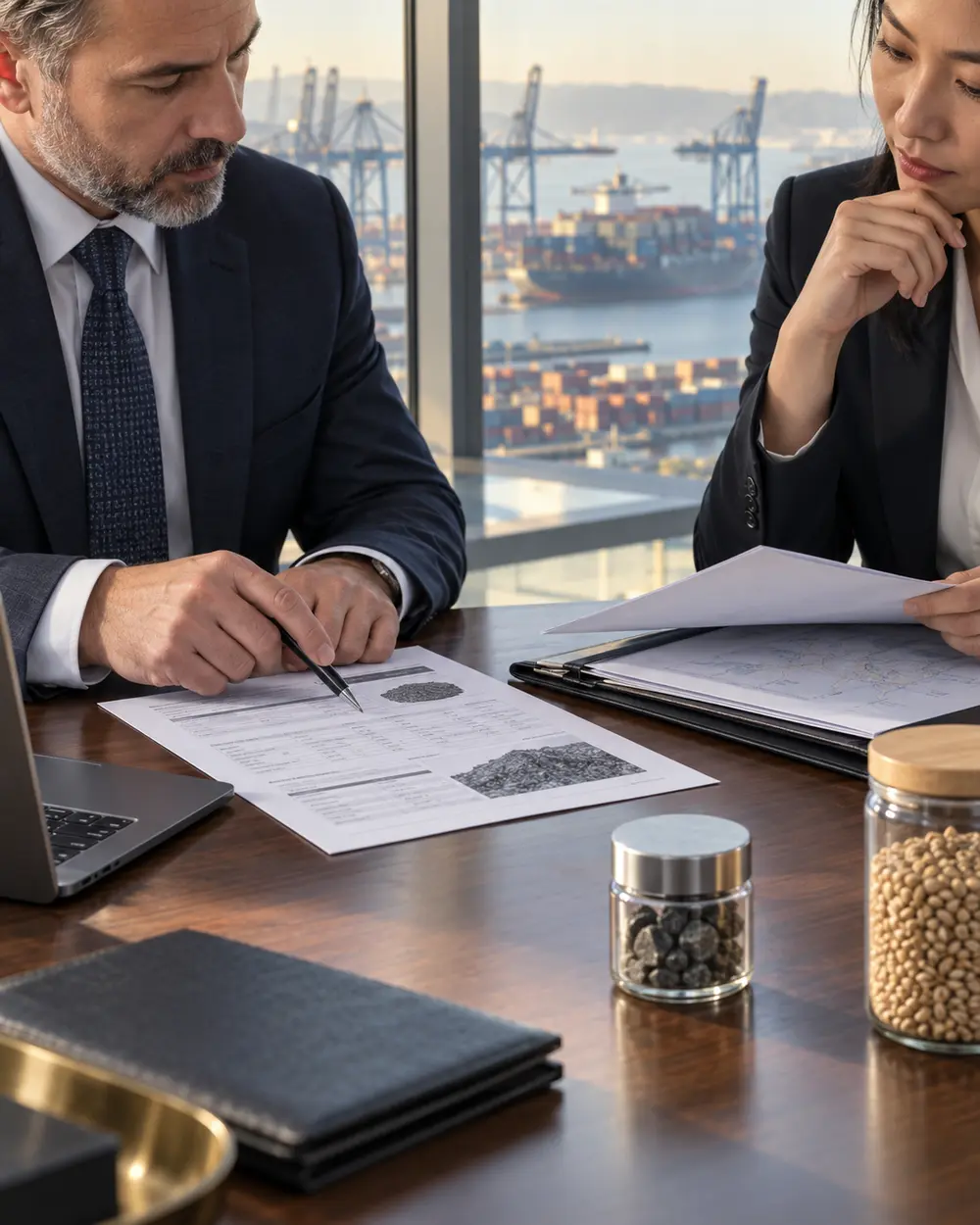 Commodity trade professionals reviewing specifications and shipment documentation